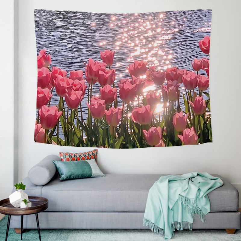 Nordic Style Bedroom Bedside Tulip Floral Background Cloth ins Healing Hanging Cloth Wall Decorative Tapestry
