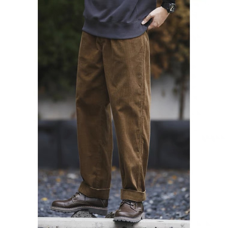 Corduroy Pants Men's Autumn and Winter Loose Fashionable American Style Tooling Pleated Antique Japanese Style Retro Casual Straight Pants Men's