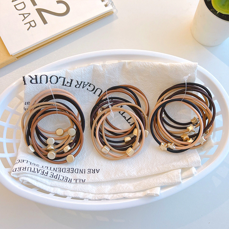 10-piece set ~ milk curry color head rope women's simple round love square rubber band hair rope high elastic hair ring