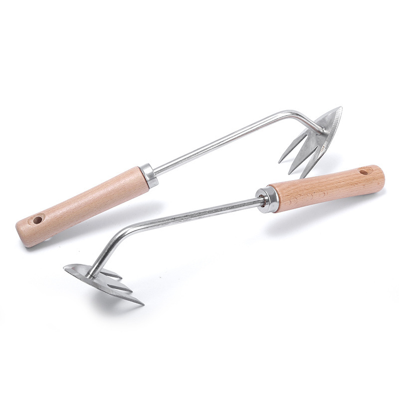 Wholesale stainless steel weeding artifact pulling grass small rake household digging wild vegetables thickened wooden handle small hoe agricultural tools