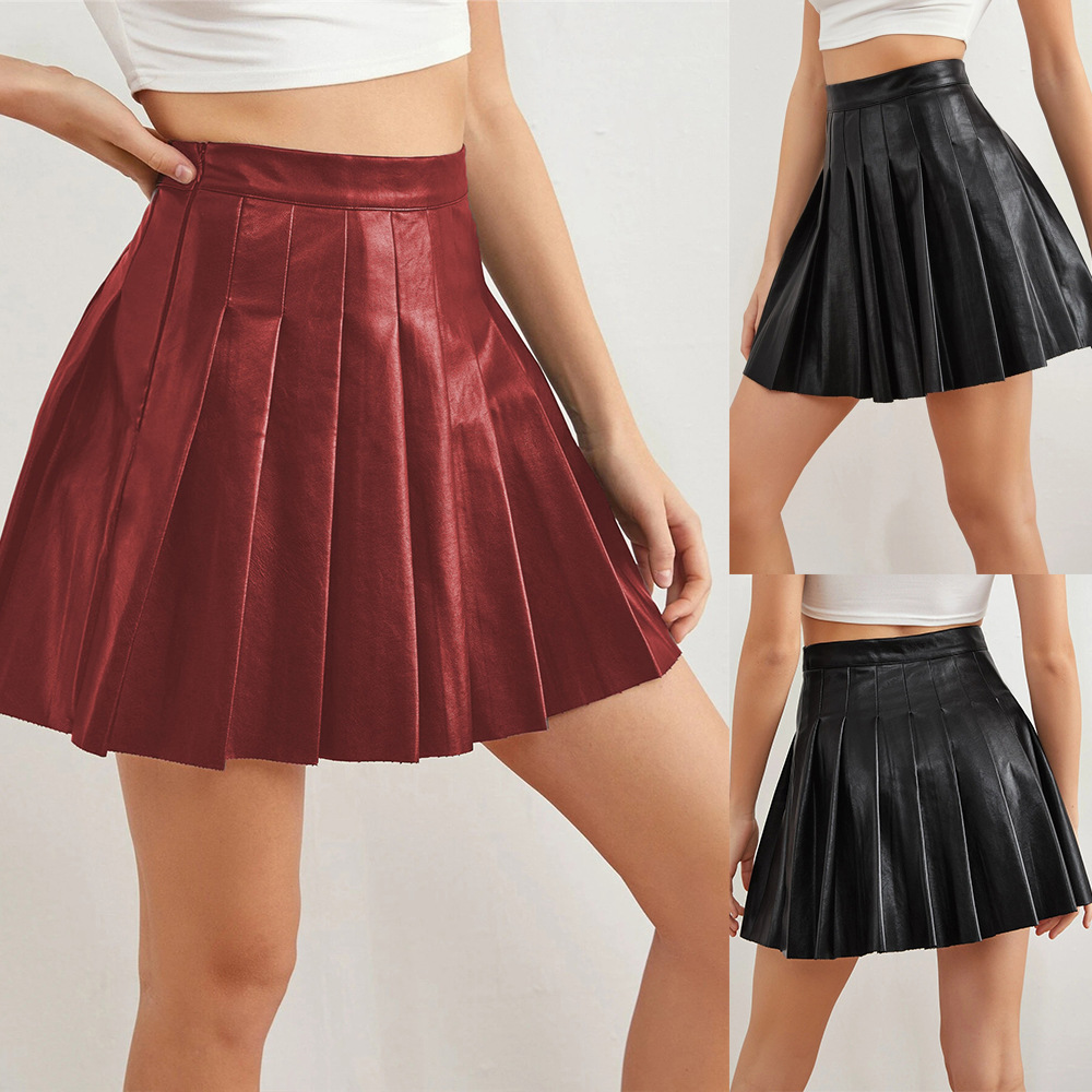 ebay Amazon Explosions PU Pleated Skirt Summer Sexy Skirt Elegant High Waist Leather Skirt European and American Style Cross Border