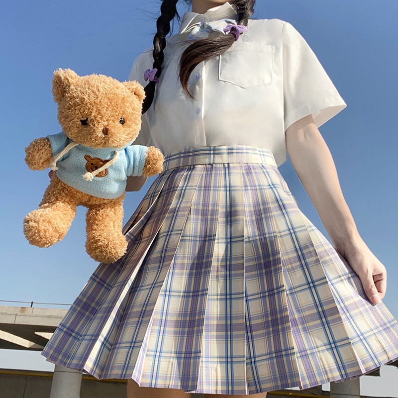 jk uniform skirt spring and autumn short sleeve plaid skirt bow tie suit full set Japanese college style student