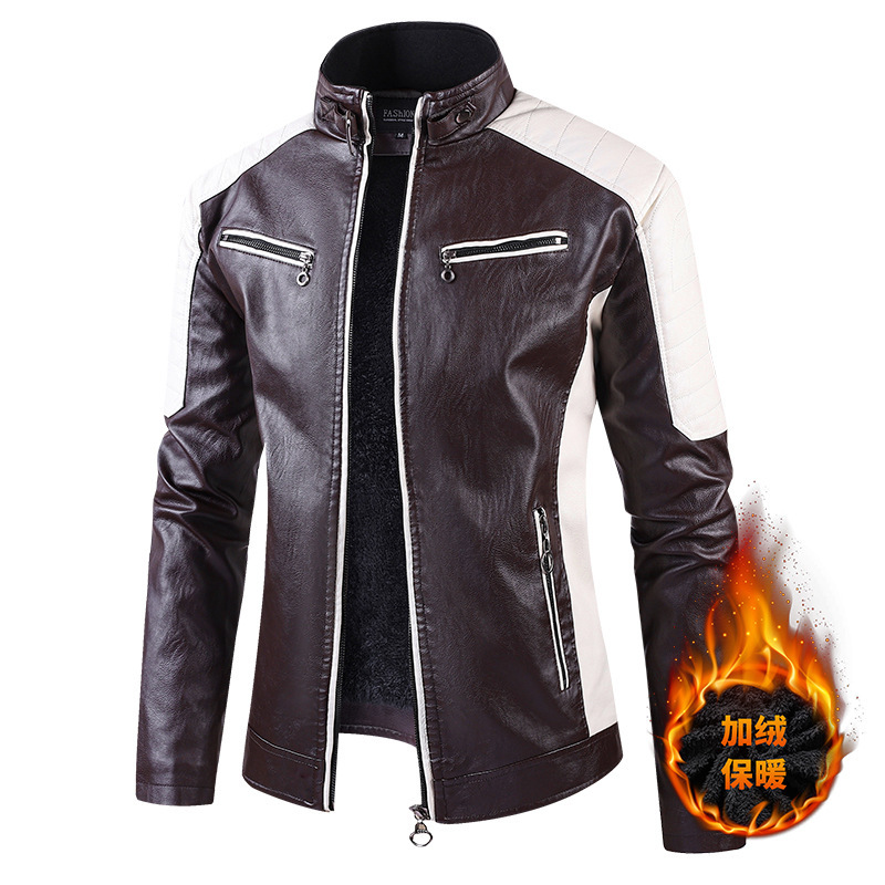 European Size Autumn and Winter New Casual Leather Men's Jacket Korean Style Slim-fit Fashionable Fleece-lined Youth PU Leather Jacket Men's Wear