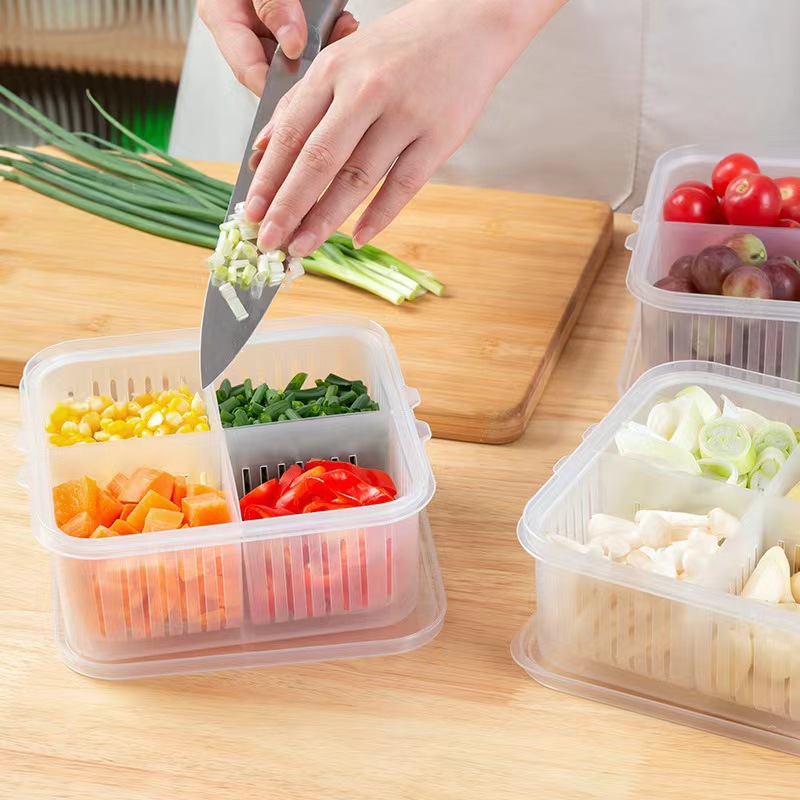 Large Four-compartment Scallion Fresh-keeping Box with Lid Kitchen Scallion, Ginger and Garlic Storage Fruit Storage Box Refrigerator Storage Box