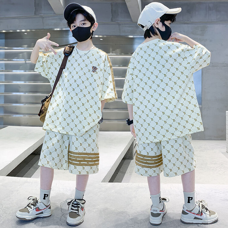 Summer new children's short-sleeved shorts suit small and medium boys letter printing candy color sports leisure two-piece set