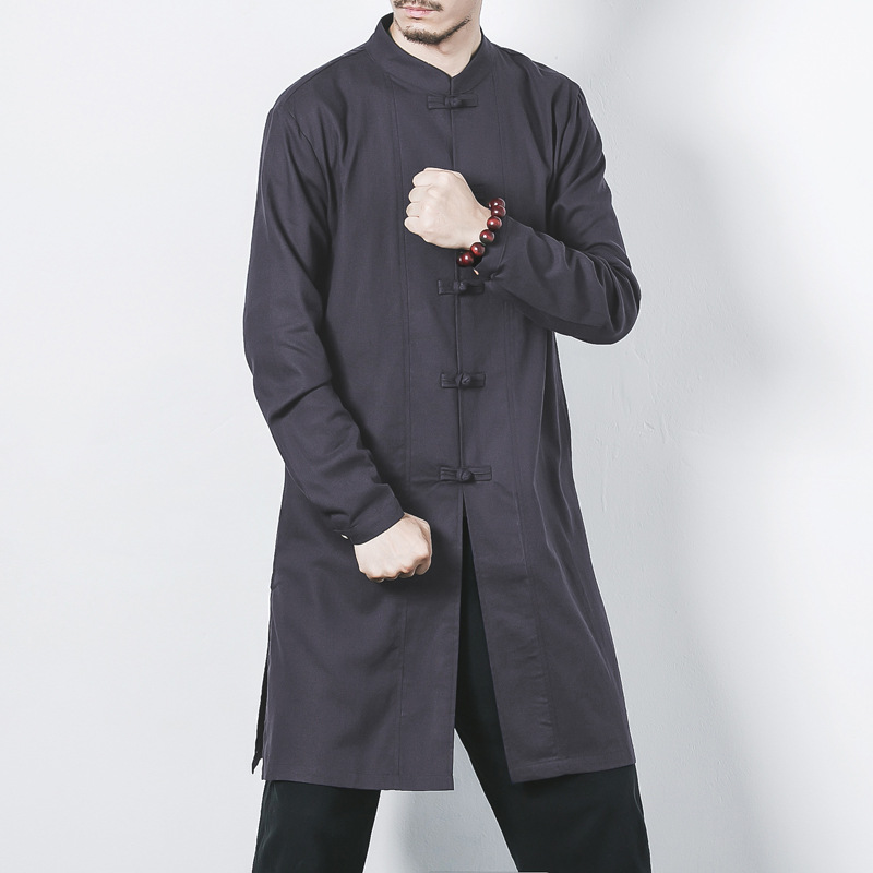 2021 Chinese-style Autumn Mid-length Button-down Shirt Solid Color Collar Linen Tang Suit Retro Zen Suit Fashionable Jushi Suit