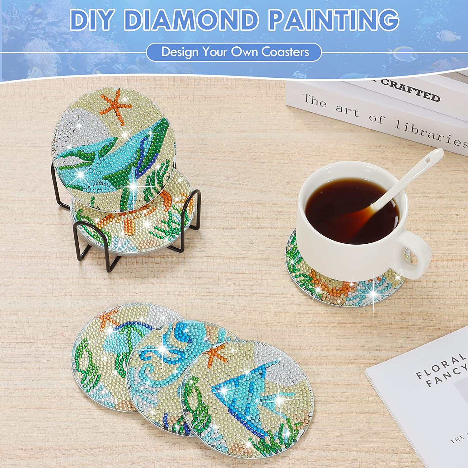 New Diamond Stone Painting Coaster Round Placemat Children's diy Handmade 5D Hand-painted Underwater World Creative Paste Diamond Painting