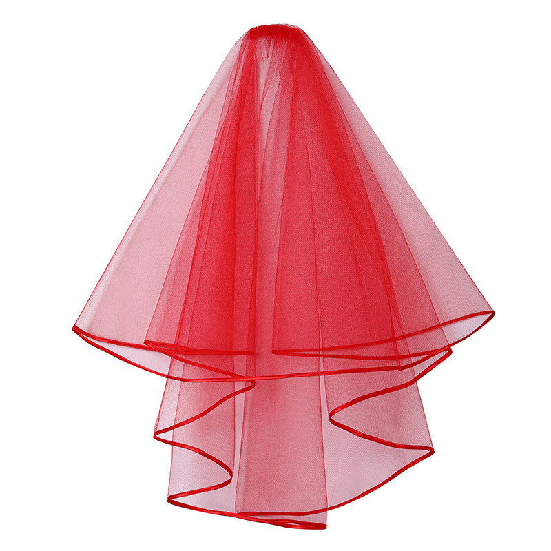 Bridal wedding yarn double-layer satin ribbon black edging multi-layer red yarn plus hair comb headdress factory direct supply