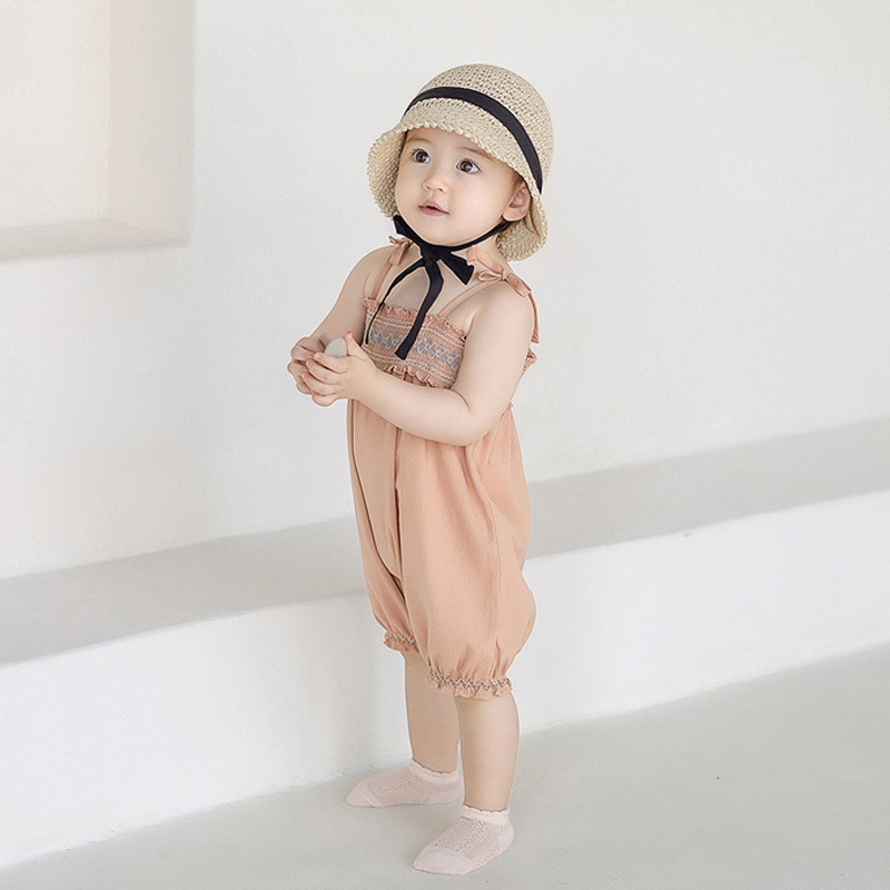 Cross-border New Baby Summer Hand-woven Black Ribbon Bow Straw Hat Fisherman Hat Sunshade Baby Boys and Girls Hat