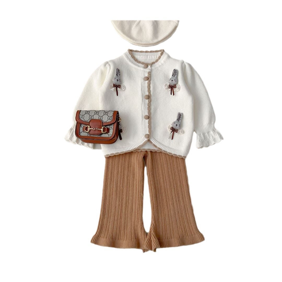 Girls' sweater two-piece knitted sweater 2023 autumn and winter New cartoon rabbit little girl sweet sweater cardigan