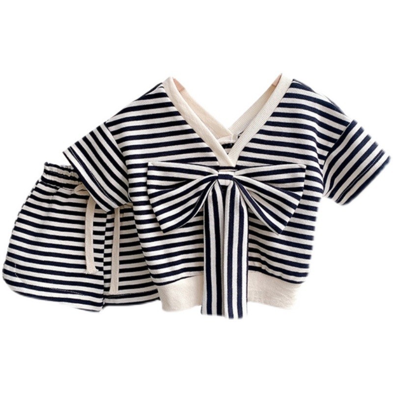 Women's Children's Wear 2025 Summer New Baby Girl Fashionable Striped suit Children's Bow Short-sleeved T-shirt Shorts