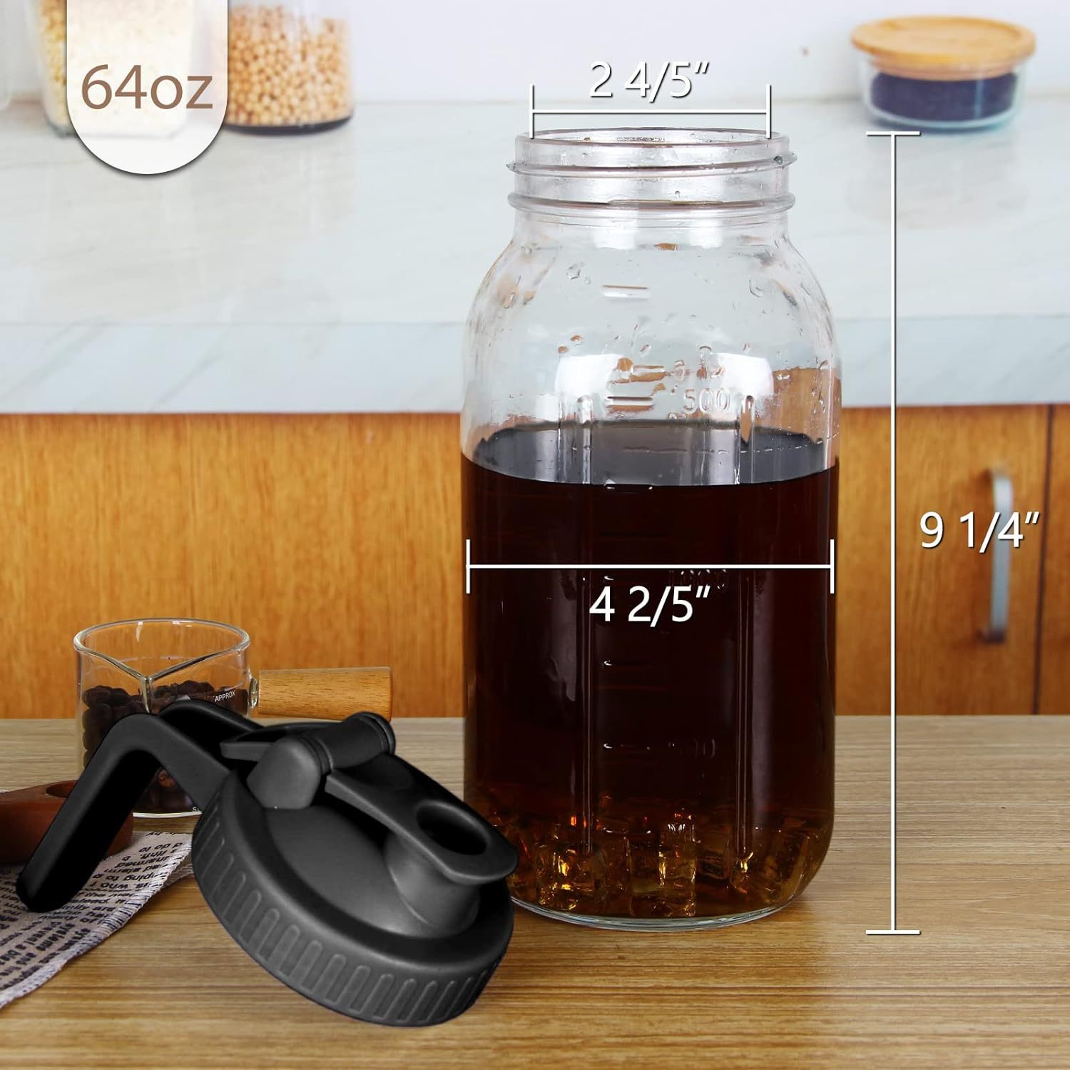 Cross-border direct supply Amazon 32oz glass bottle 64oz coffee filter wide mouth with handle lid mason can cold kettle