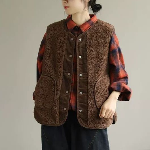 Gilet in pelliccia di agnello bifacciale per donna autunno e inverno Nuovo gilet retrò artistico ampio in velluto a coste cappotto positivo e negativo cappotto imbottito in cotone_voghion.com