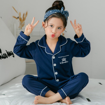 Children's Pajamas Girls Knitted Cotton 6535 Cardigan Lapel Long Sleeve Cartoon Casual Sweet Baby Home Clothes Set