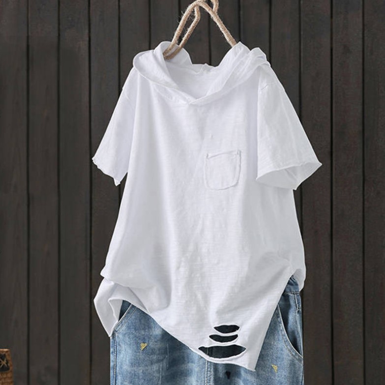 Cross-border  Amazon wish hooded T-shirt for women summer new solid color loose short-sleeved artistic ripped top