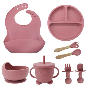 Baby silicone tableware 8-piece set maternal and child supplies food supplement bowl with suction cup eating training fork spoon cross-border in stock