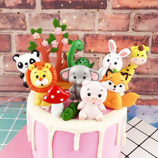 Baking Cake Decoration Forest Small Animals Lion Tiger Elephant Giraffe Monkey Panda Dinosaur Soft Pottery Plug-in