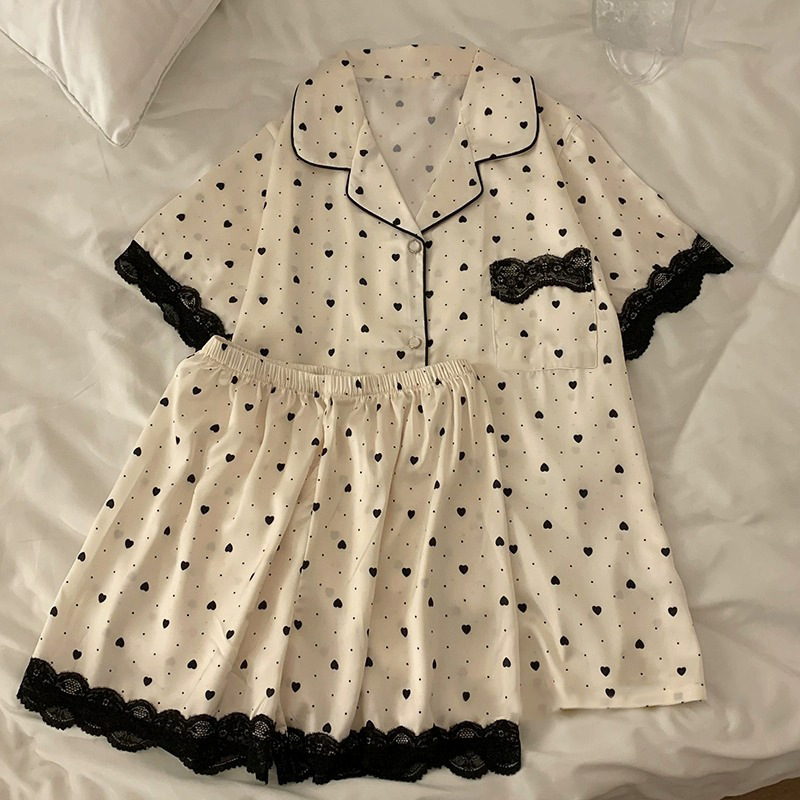 Korean-Style High-End Ice Silk Spring and Summer Thin Women's Love Cardigan Sleepwear Set, Wearable Outdoors, Home Dress Set for Women, Wholesale