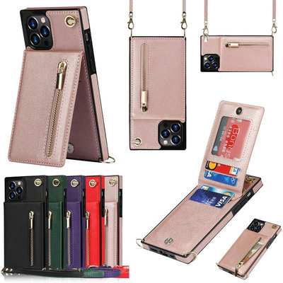 For Apple iPhone16 Crossbody Zipper Card Case Samsung S24FE Bracket Card Solid Color Leather Case