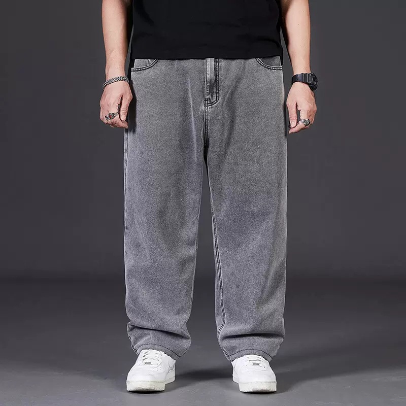 Plus size jeans men's autumn plus size men's pants loose straight fat guy wide leg elastic waist trousers