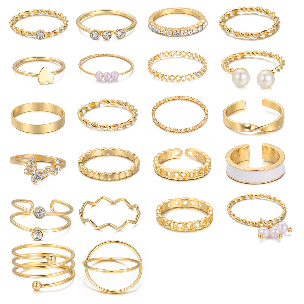 Cross-border Hot-selling Gothic Personality Open Finger Ring Multi-joint Ring suit 22 Piece Set Hollow-out Love Geometric Hand Ornaments