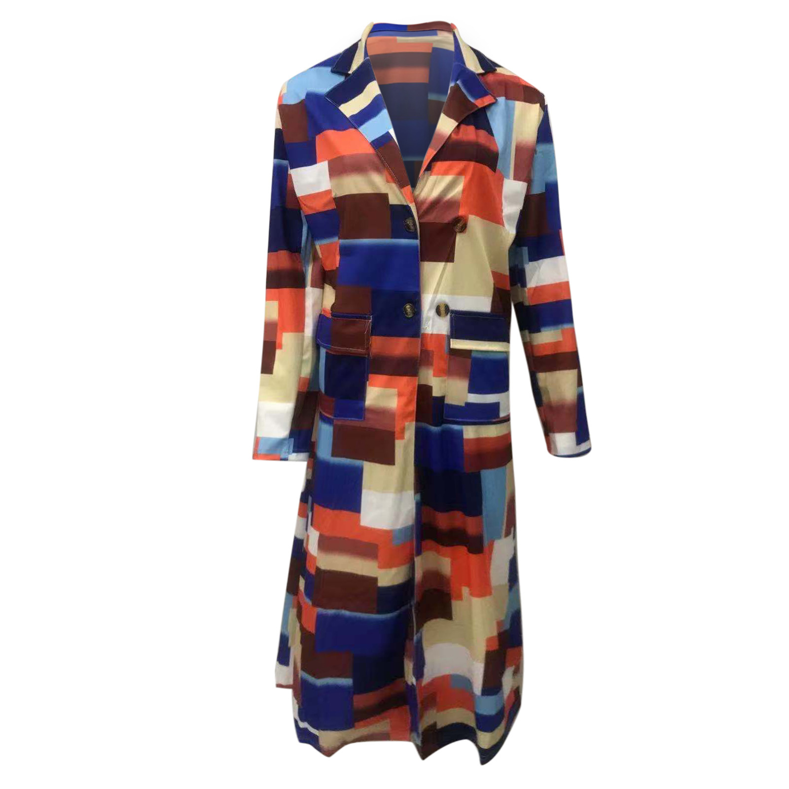 Autumn and winter New trench coat cross-border European and American plus size plaid printed double-breasted lapel coat coat women's coat_voghion.com