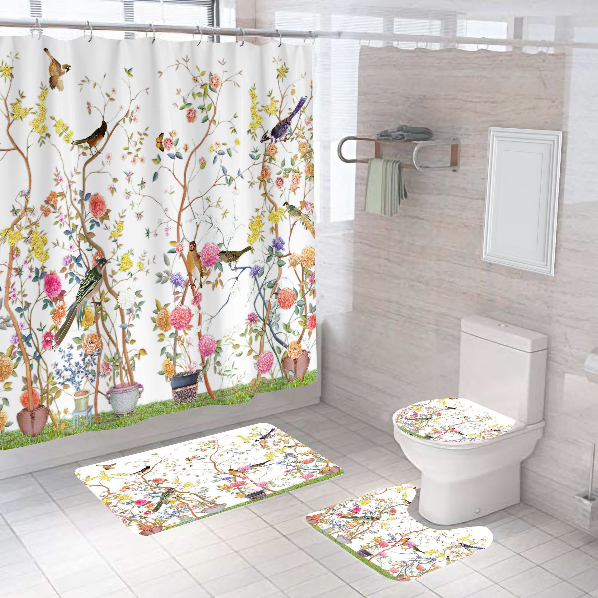 Shower curtain bathroom curtain bathroom curtain flower series 3D digital printing non-perforated factory direct supply