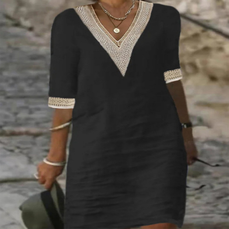 2023 European and American Amazon Independent Station Autumn New Solid Color V-neck Sleeve Cotton and Linen Elegant Elegant Dress for Women