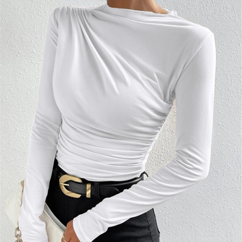 Cross-border 2023 European and American solid color slim bottoming shirt versatile pleated design long sleeve T-shirt women's top