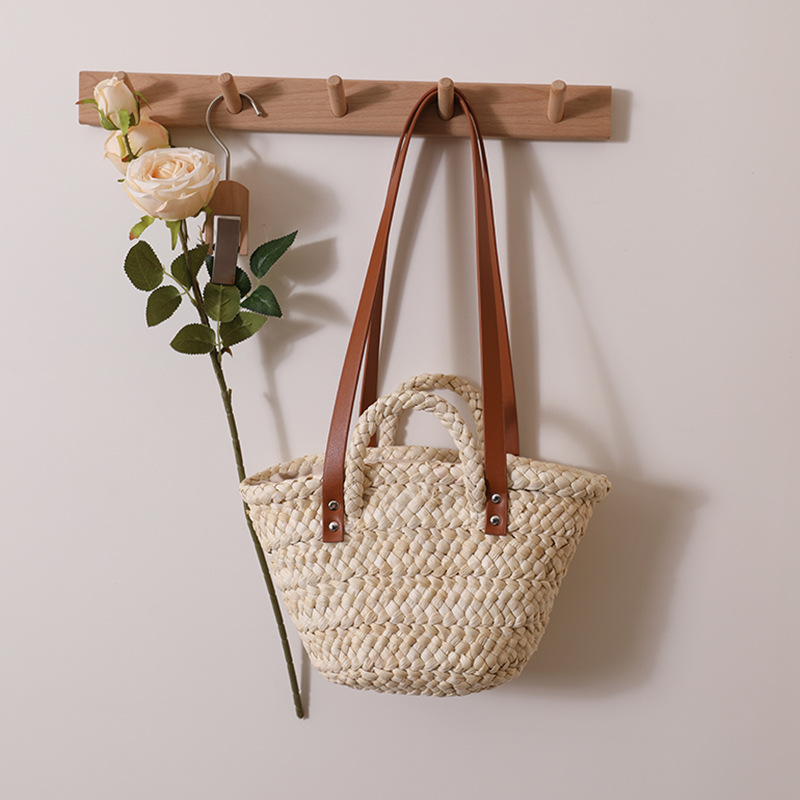 New Single-Shoulder Cornhusk Woven Handbag, Grass-Weaved French Market Basket Style, Casual Vacation Handmade Woven Women's Bag