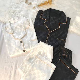 Couple Pajamas Women's Spring and Autumn Ice Silk Long Sleeve Internet Popular Square 2024 New plus size Men's Silk Home Clothes Winter