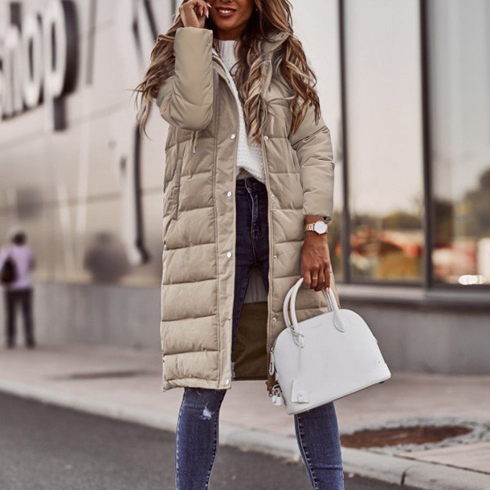 2023 cross-border supply European and American solid color hooded single-breasted mid-length cotton-padded jacket long sleeve slim temperament cardigan jacket