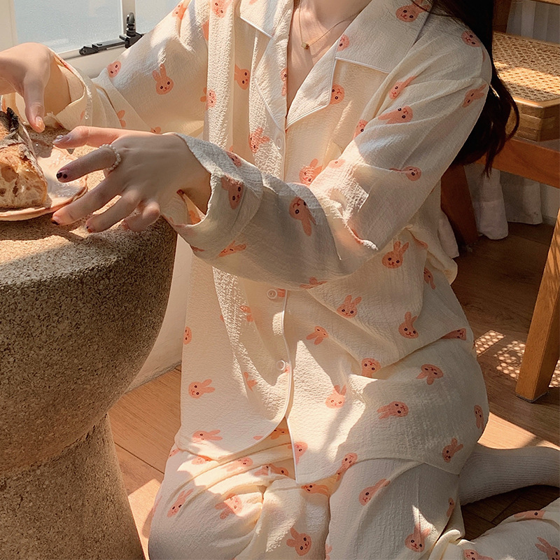 Pajamas women's autumn woven bubble cotton long sleeve new small floral cartoon outerwear homewear ins suit