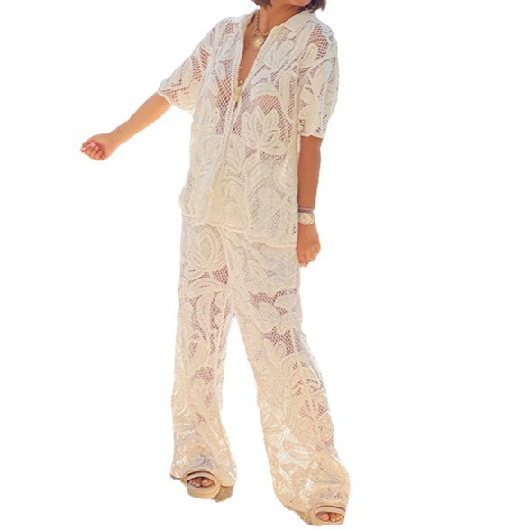 Europe and the United States cross-border 2024 summer new Japanese and Korean leisure lapel hollow top trousers suit