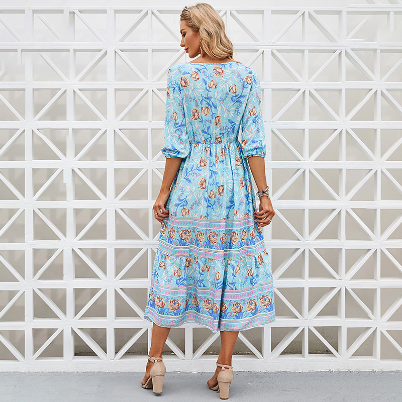 Amazon 2022 Autumn and Winter New Bohemian Cotton Long A- line Dress European and American Women's High Waist Dress for Women