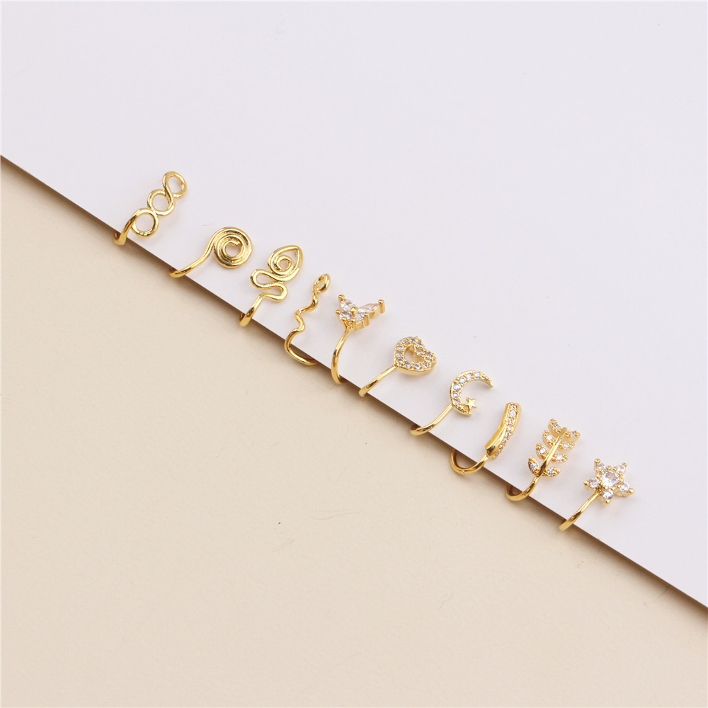 U-shaped micro-inlaid zircon fake nose ring butterfly crown cross copper plated 18K gold Non-puncture nose clip nose nail set