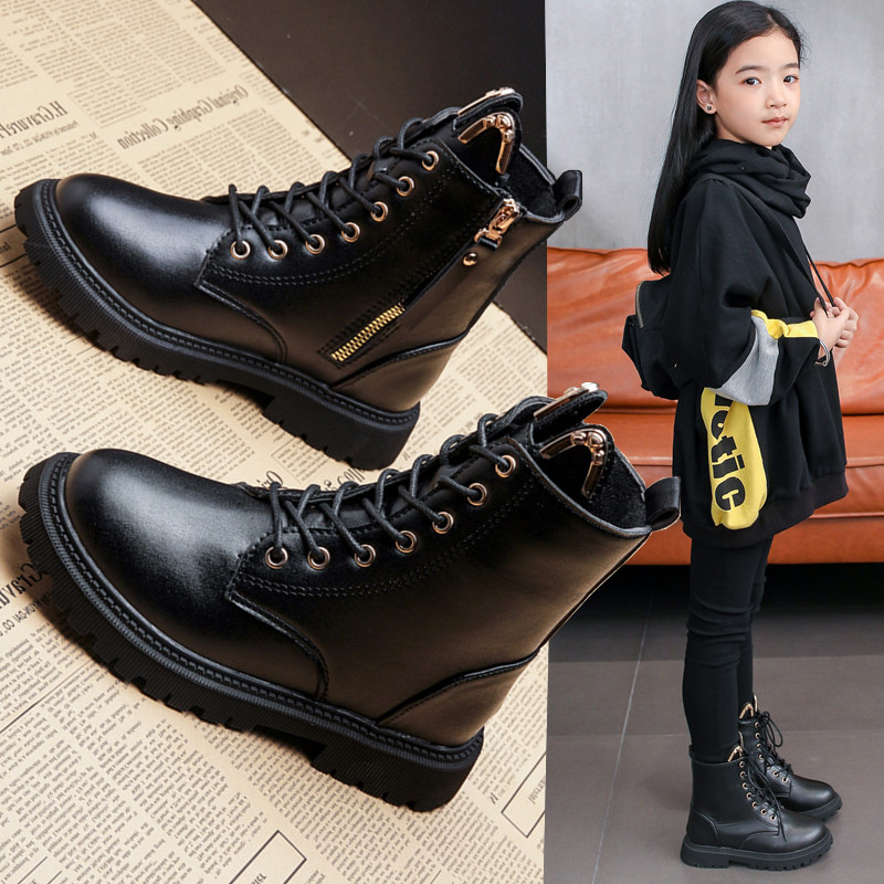 Girls' Short Boots Winter 2023 New Korean-style British-style High-top Children's Martins Fleece-lined Little Girl's Single Boots