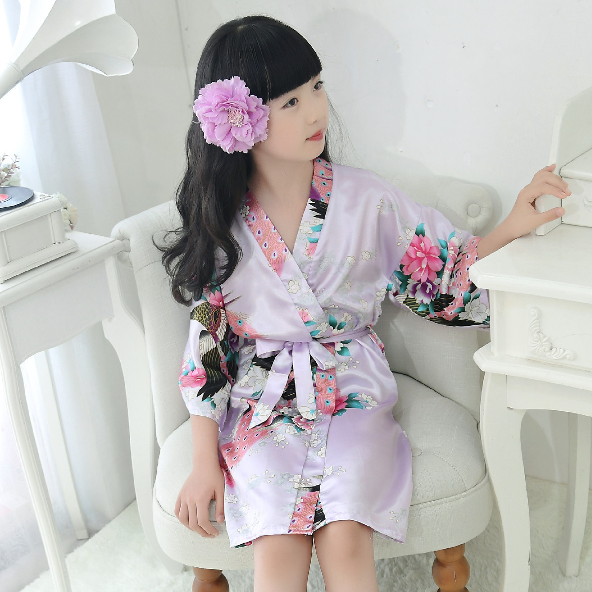 Cross-border silk children's nightgown foreign trade Peacock girls' bathrobe kimono printed summer Amazon bathrobe