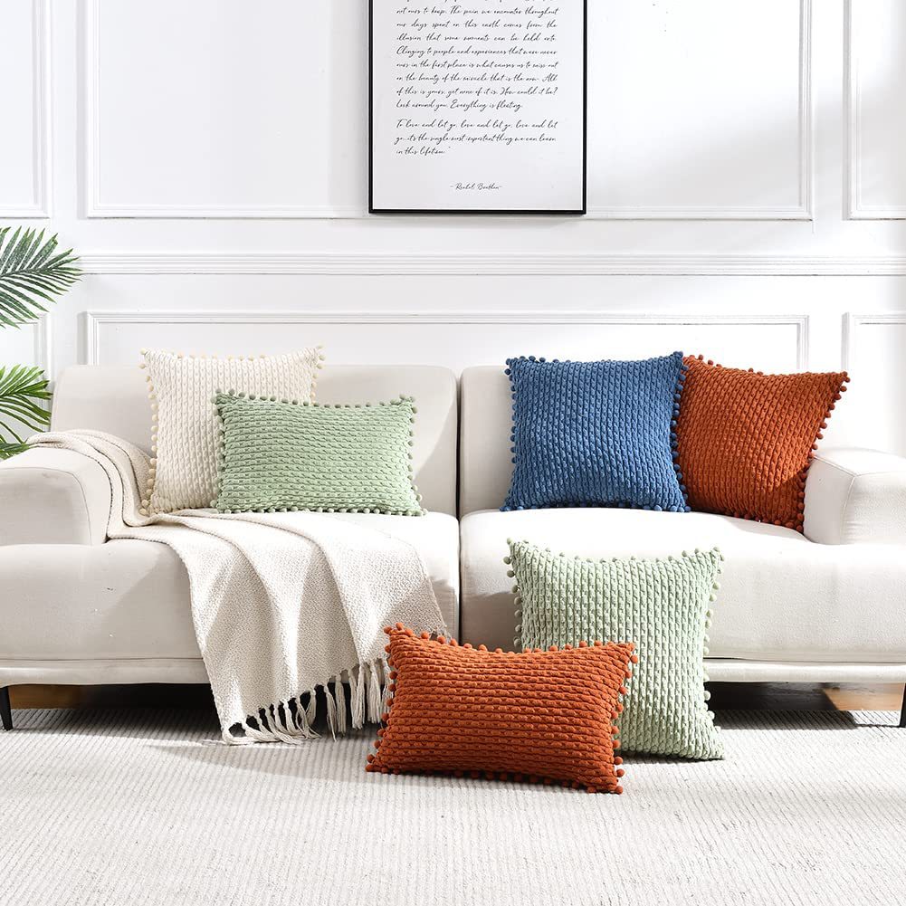 Amazon Nordic style corduroy small fat strip plus fur ball soft and comfortable pillowcase cushion cover