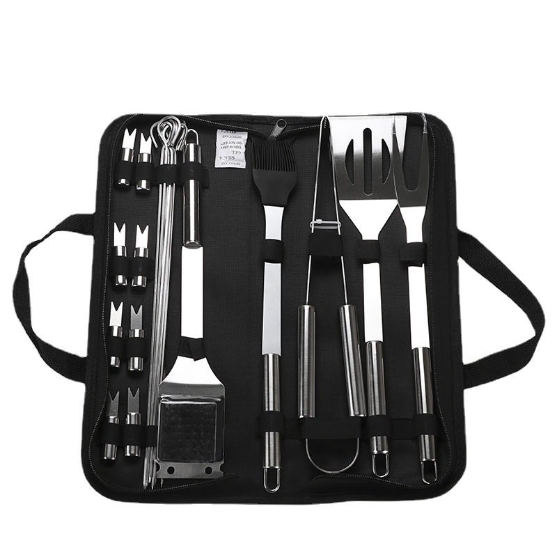Amazon 20-piece combination set outdoor household stainless steel tube handle BBQ barbecue tool Oxford bag baking tool