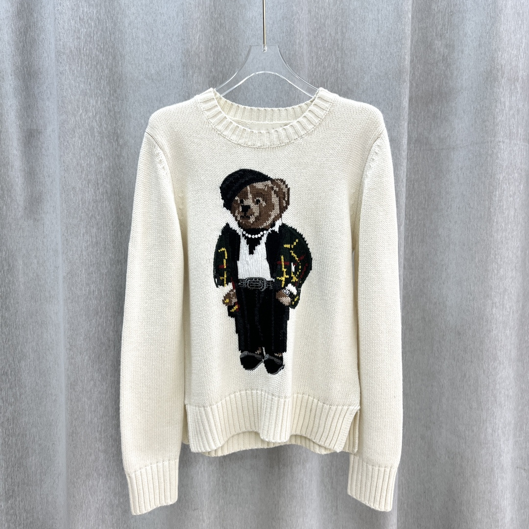 2023 autumn and winter New Wool heavy industry cartoon bear round neck college age-reducing versatile sweater for men and women