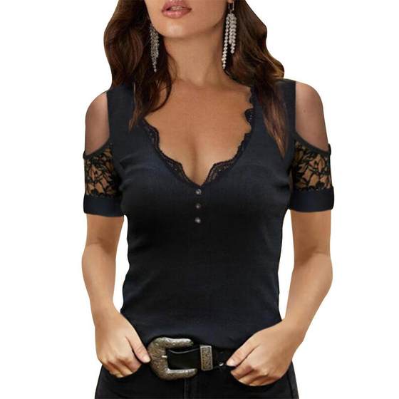 2021 New Amazon AliExpress Shoulder Lace Sleeve Nail Buckle Decoration Women's Summer Fashionable New Short-sleeved T-shirt