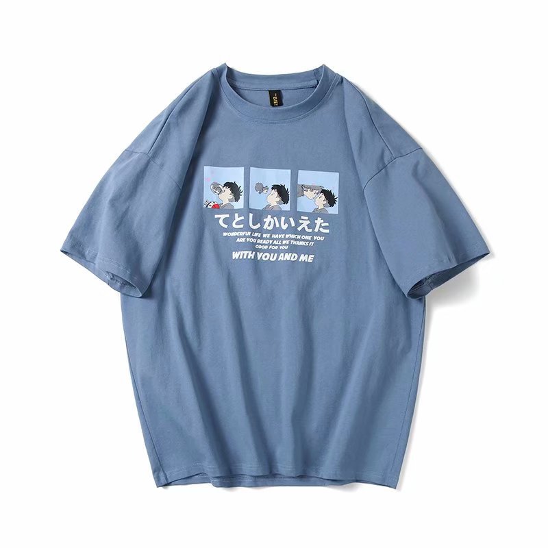 Trendy Brand Hong Kong Style Cartoon T-shirt Men's Trendy Loose Blue Short-sleeved 2021 Summer New Style Men's T-shirt Clothes ins