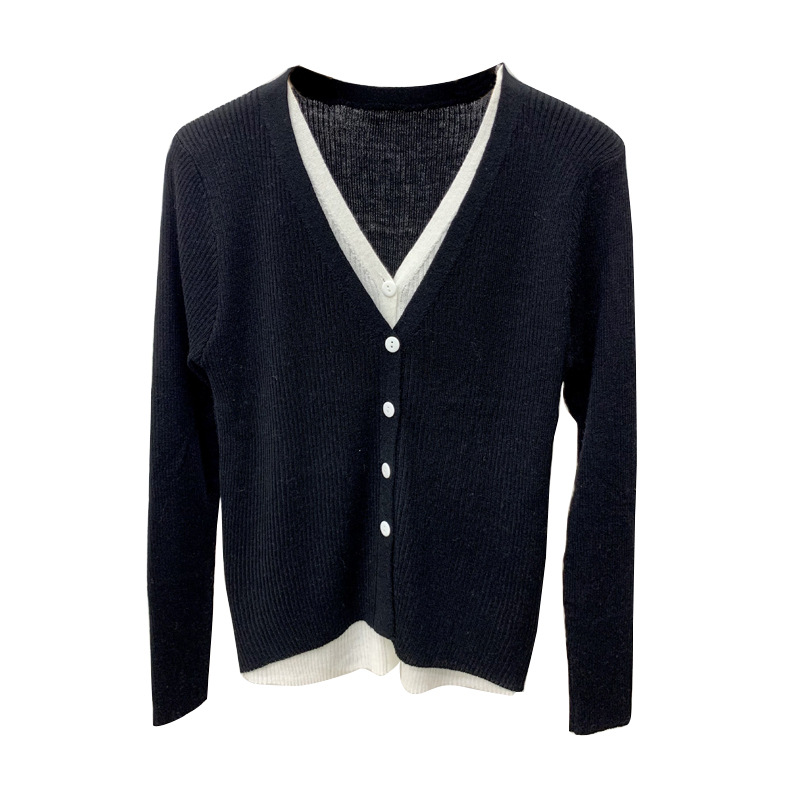 Fake Two-piece Knitted Sweater Cardigan Women's Spring New Long-sleeved V-neck Elegant Top Slim-fit Inner Base Shirt Sweater