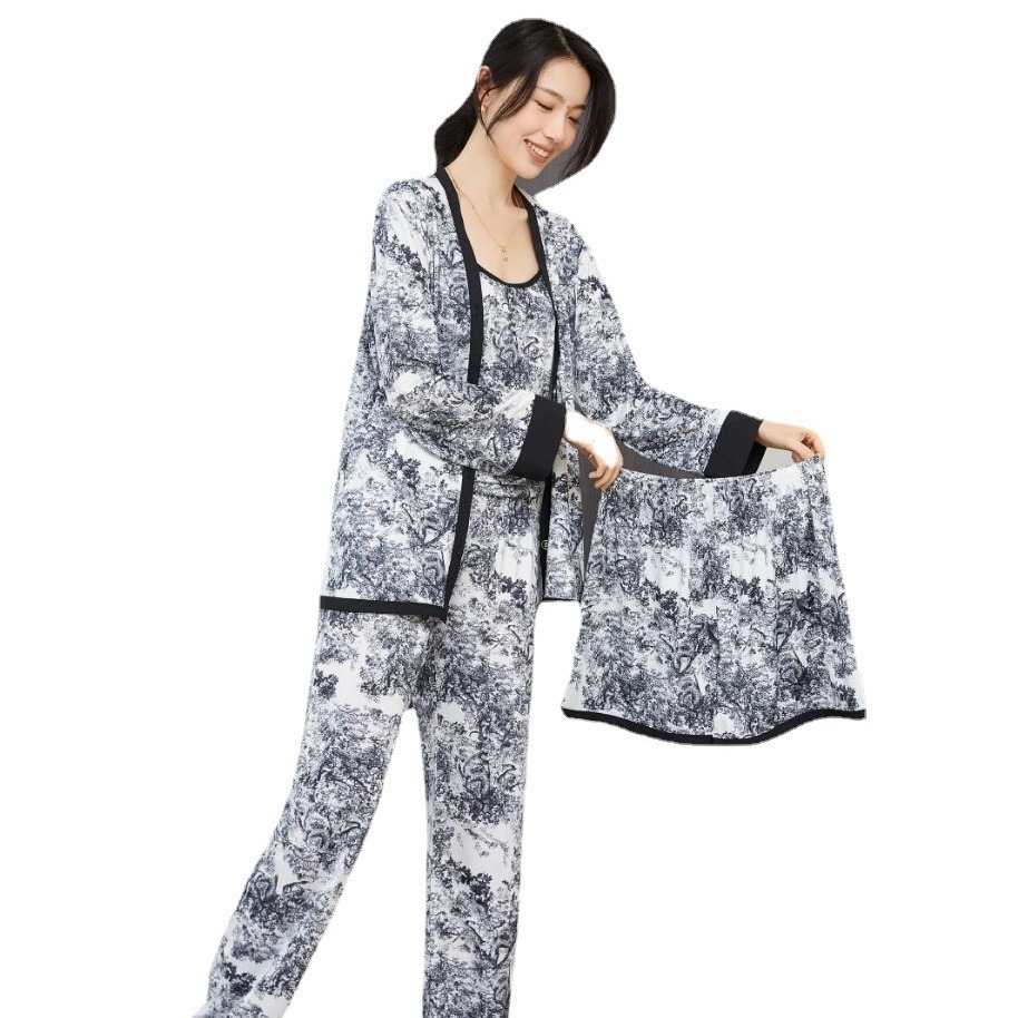 National fashion style pajamas for women spring and autumn long-sleeved ice silk summer fashion ink painting thin four-piece set that can be worn outside home clothes