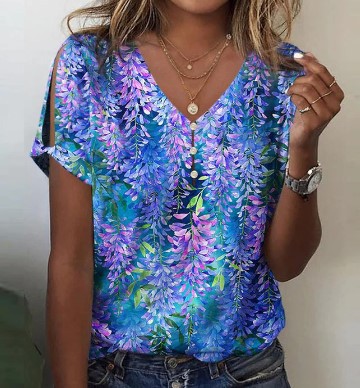 2023 New Fashion Flower Series 3D Printing V-Neck Button T-Shirt Top Daily Short Sleeve Foreign Trade Women's Clothing