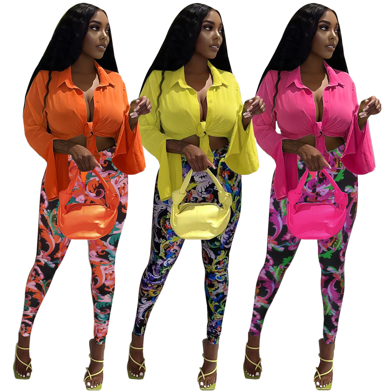 FE207 Special Price No Return No Change Cross-border Women's Clothing Amazon New Long Sleeve Shirt with Printed Pants Two-piece Set