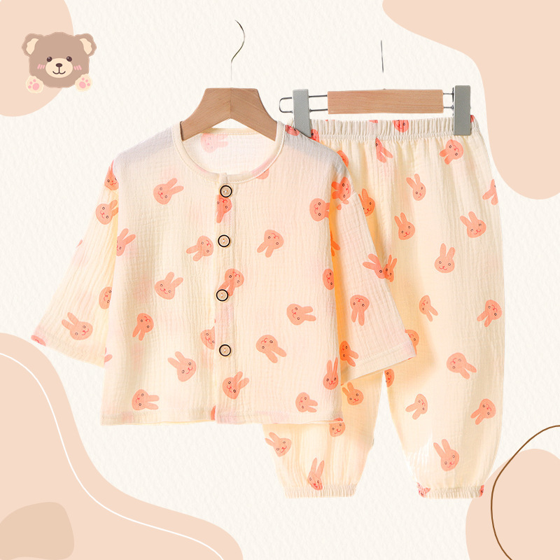 Children's Cotton and Linen Home Clothes Boys' Double-layer Cotton Gauze Girls' Short-sleeved Thin Suit Baby's Summer Air Conditioning Pajamas