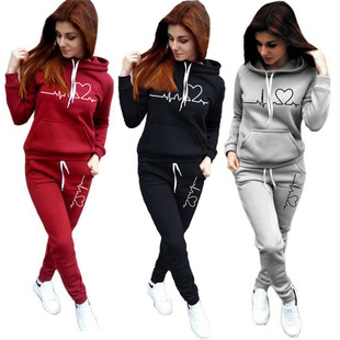 2022 autumn and winter new women's ebay AliExpress wish European and American fashion love printed fleece sports suit women