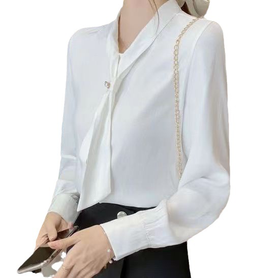 Chiffon Shirt women's new design sense niche top draping temperament long sleeve Spring and Autumn white bow shirt
